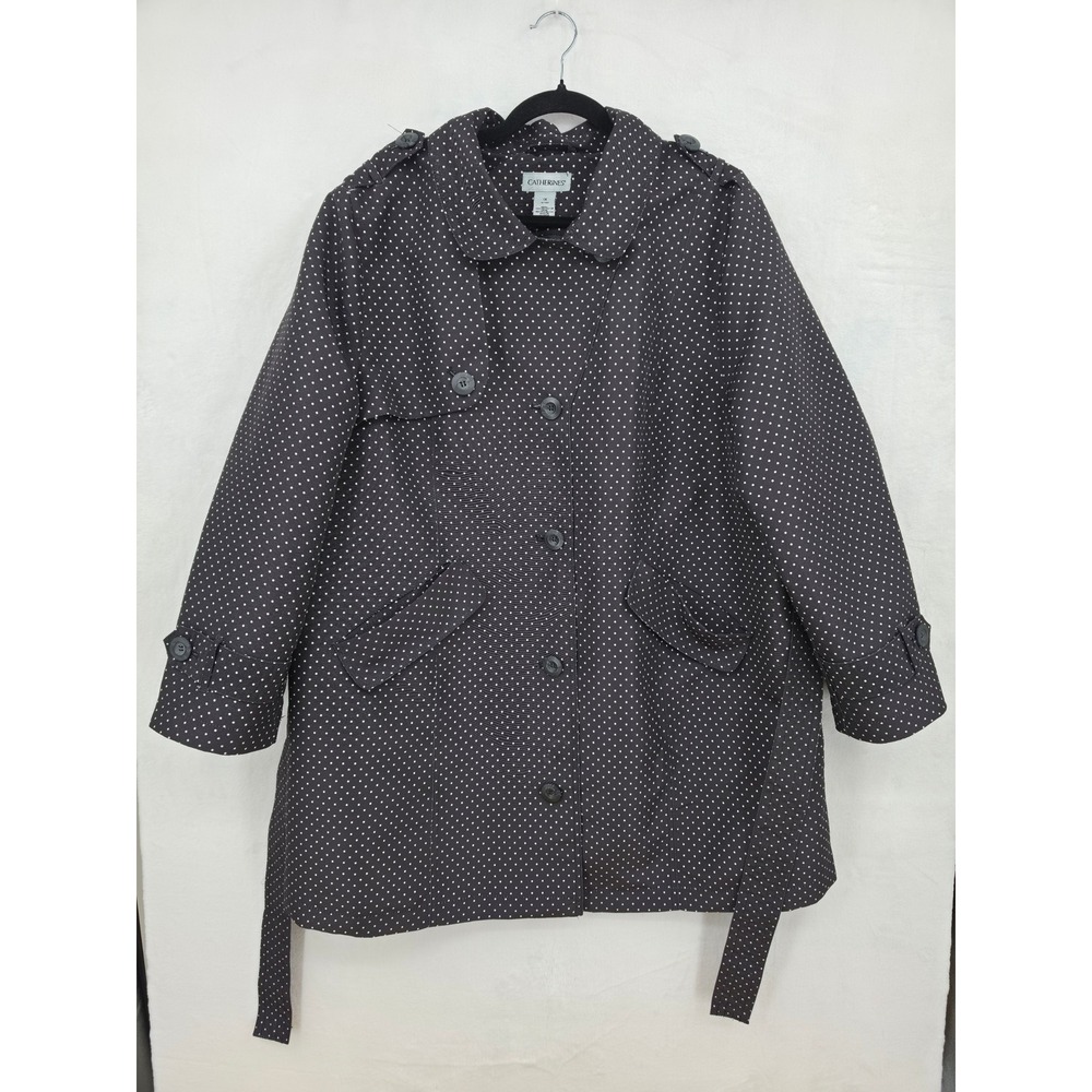 Catherines Polka Dot Trench Coat Black White Plus Size 1X Belted Jacket Outdoors